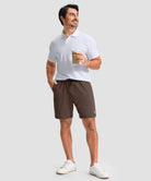 moisture wicking athletic sweat shorts in brown - on model view