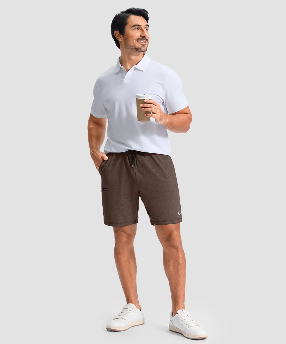 moisture wicking athletic sweat shorts in brown - on model view