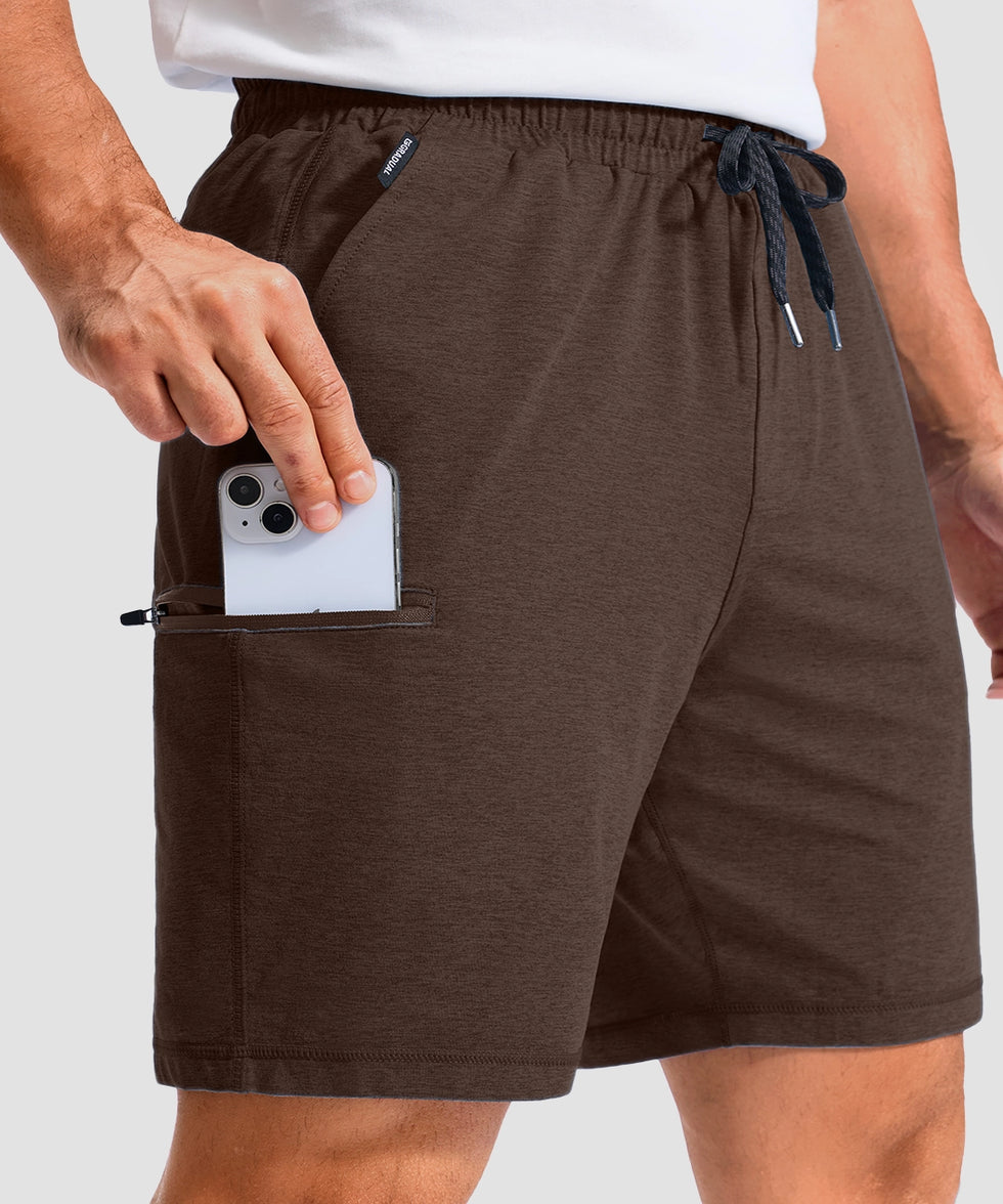 moisture wicking athletic sweat shorts in brown - pocket detail view