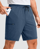 moisture wicking athletic sweat shorts in heather blue - front view