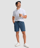 moisture wicking athletic sweat shorts in heather blue - on model view