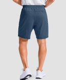 moisture wicking athletic sweat shorts in heather blue - on model back view