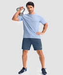 moisture wicking athletic sweat shorts in heather blue - on model kettlebell workout view