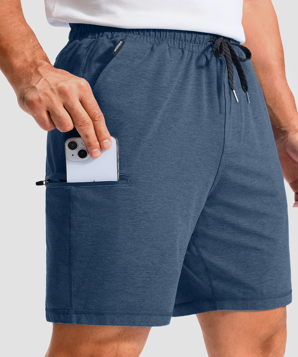 moisture wicking athletic sweat shorts in heather blue - pocket detail view