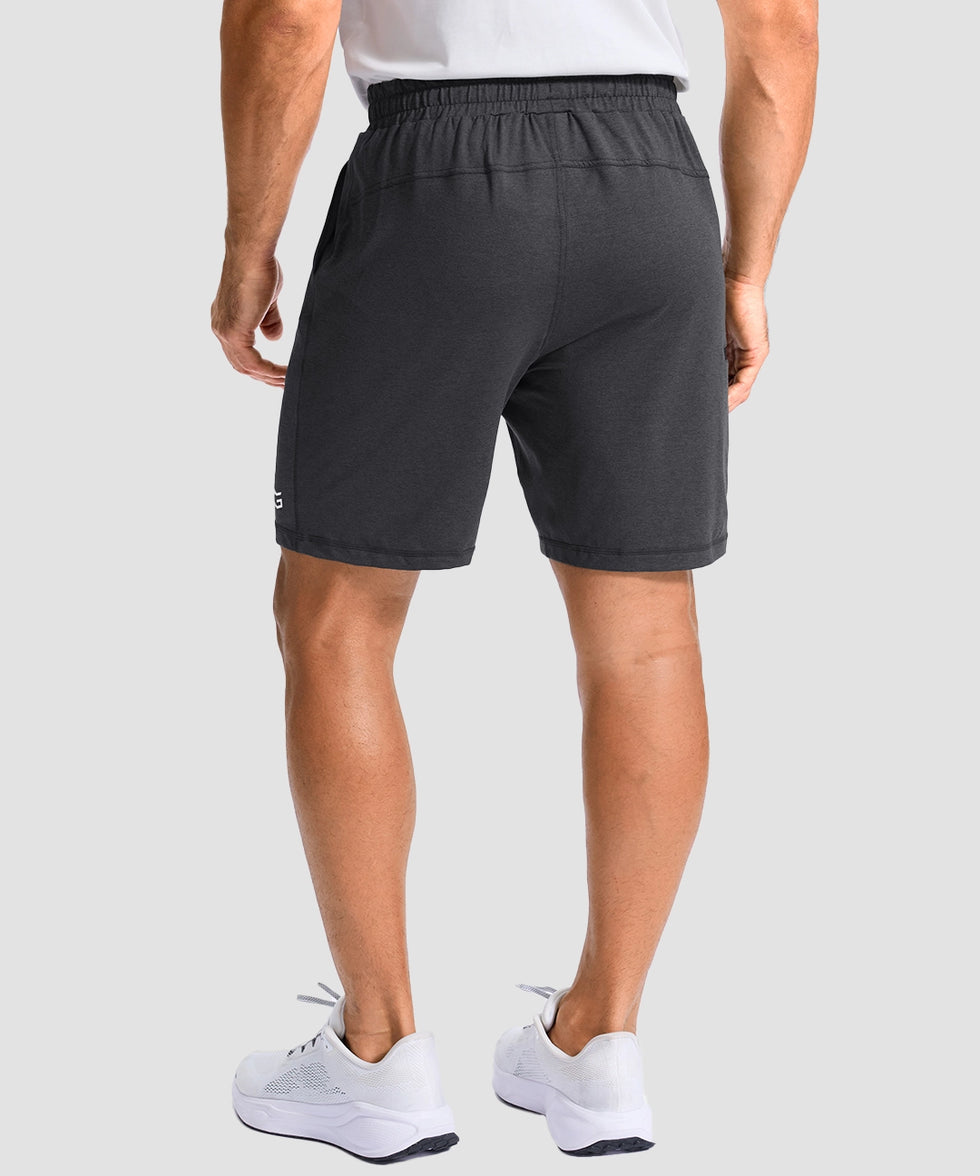 moisture wicking athletic sweat shorts in heather gray - on model back view