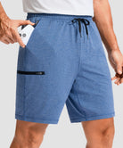 moisture wicking athletic sweat shorts in heather haze blue - front view