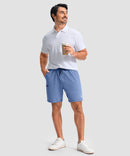 moisture wicking athletic sweat shorts in heather haze blue - on model view