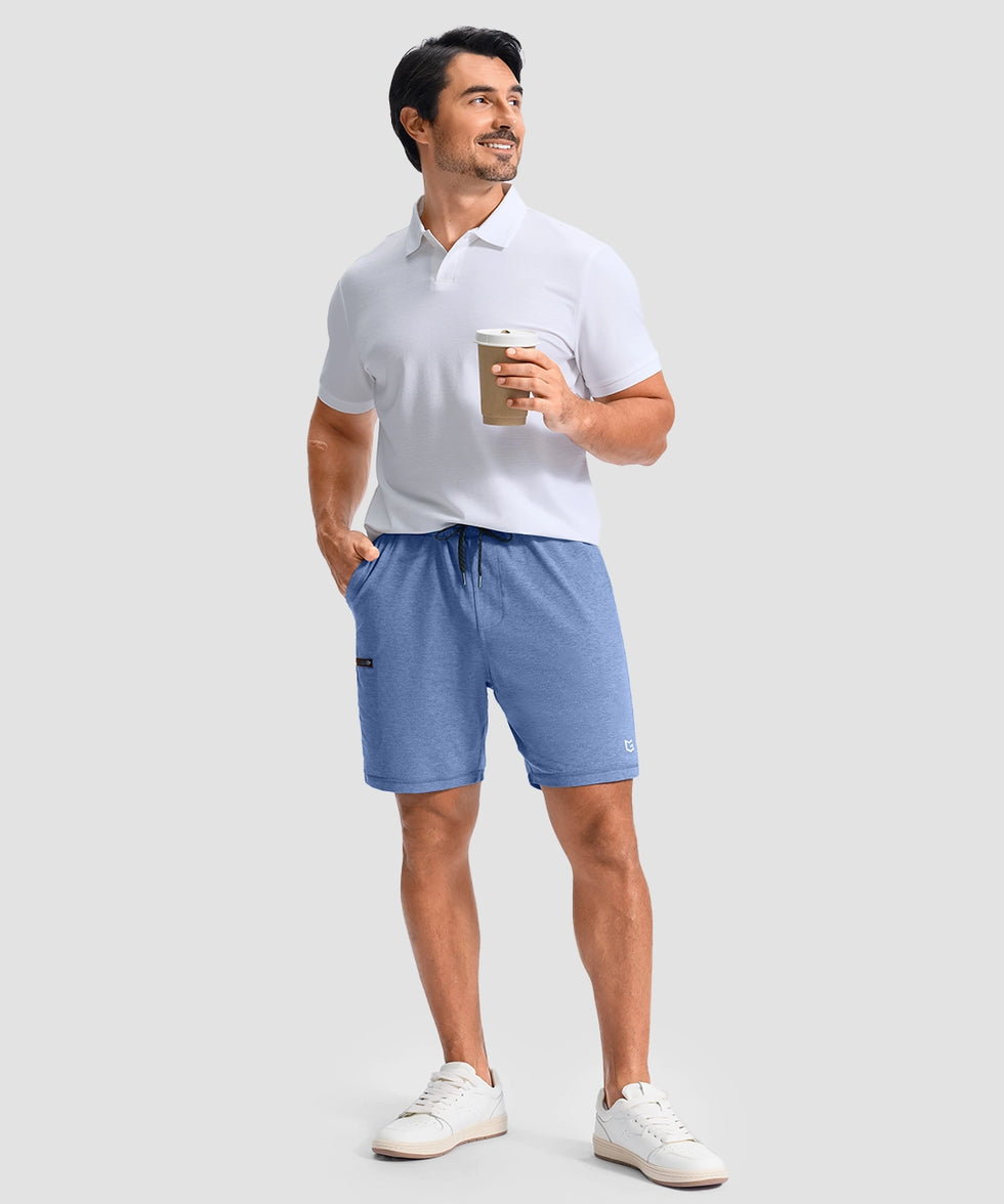 moisture wicking athletic sweat shorts in heather haze blue - on model view