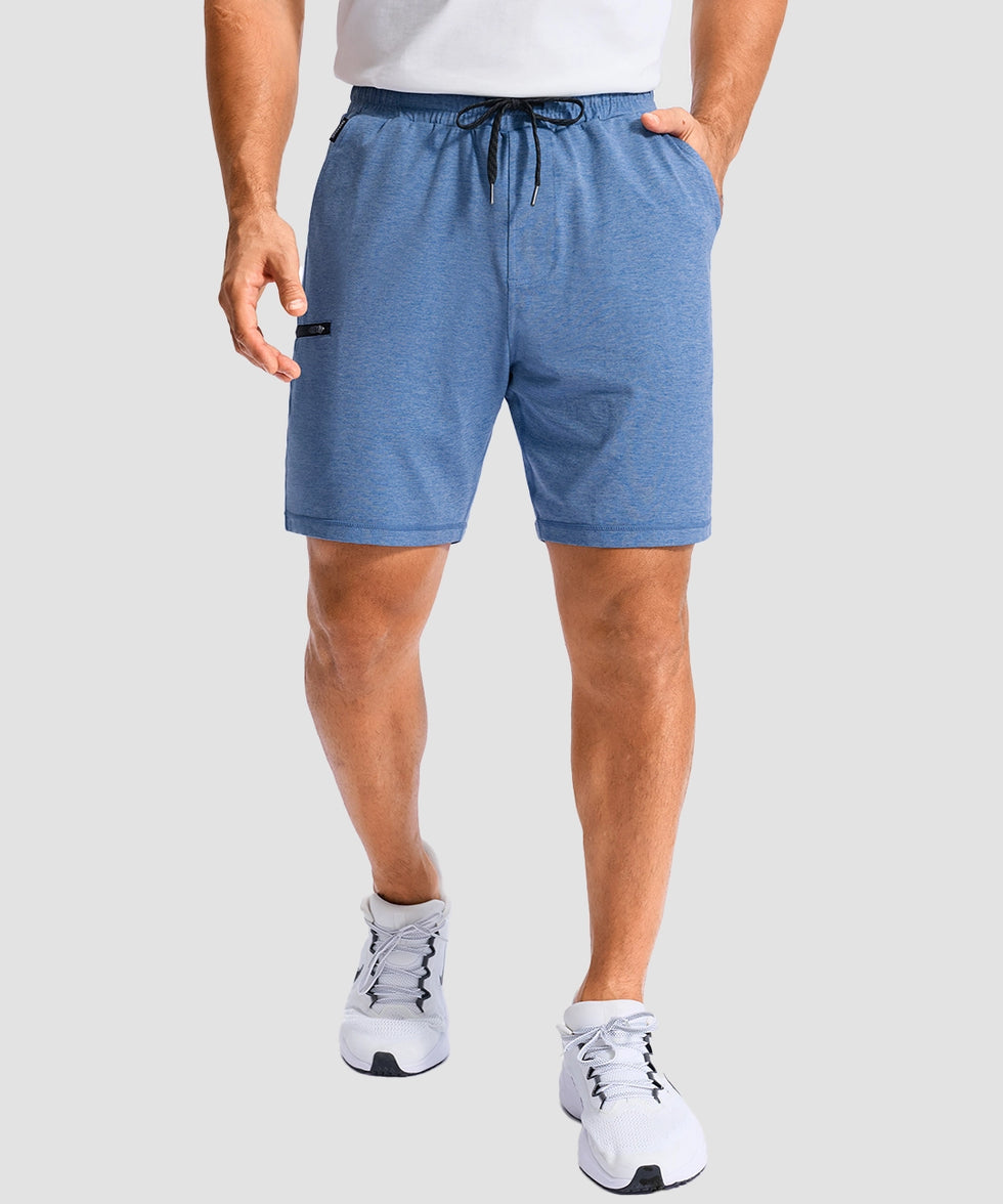 moisture wicking athletic sweat shorts in heather haze blue - on model front view