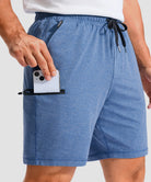 moisture wicking athletic sweat shorts in heather haze blue - pocket detail view