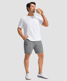 moisture wicking athletic sweat shorts in heather light gray - on model view