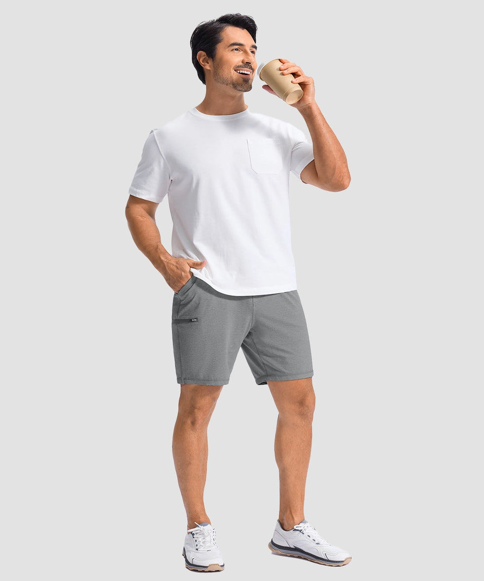moisture wicking athletic sweat shorts in heather light gray - on model view