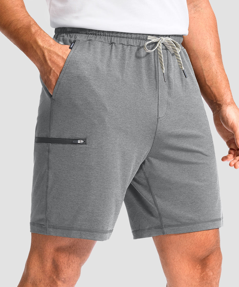 moisture wicking athletic sweat shorts in heather light gray - pocket detail view