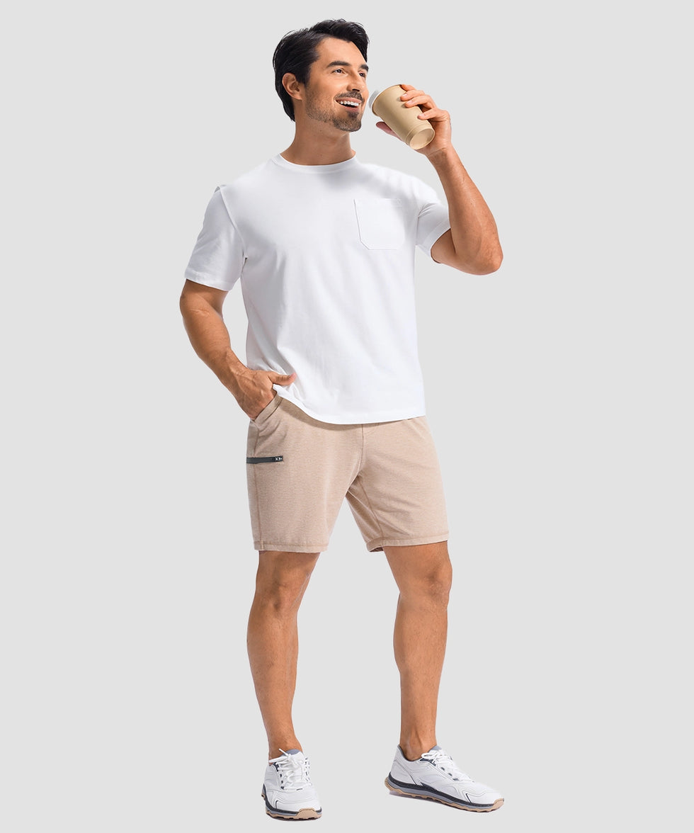 moisture wicking athletic sweat shorts in heather light khaki - on model view