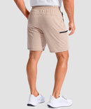 moisture wicking athletic sweat shorts in heather light khaki - on model back view