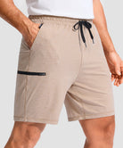 moisture wicking athletic sweat shorts in heather light khaki - pocket detail view
