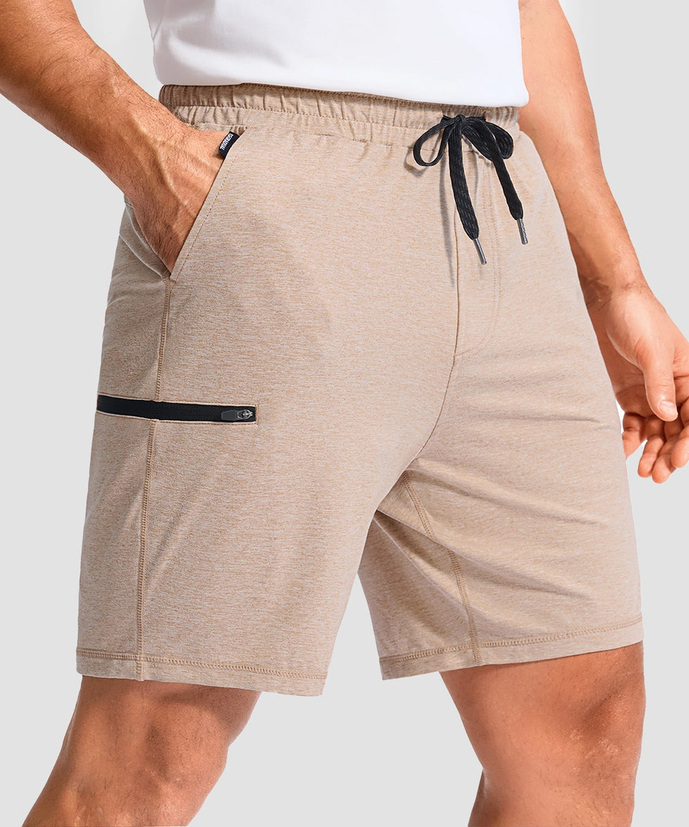 moisture wicking athletic sweat shorts in heather light khaki - pocket detail view