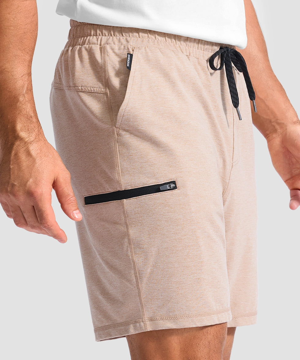 moisture wicking athletic sweat shorts in heather light khaki - side view
