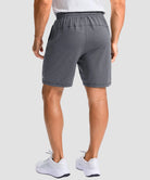 moisture wicking athletic sweat shorts in heather mid gray - on model back view