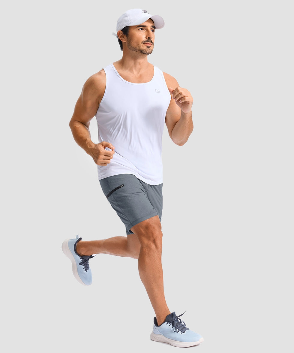 moisture wicking athletic sweat shorts in heather mid gray - on model running view