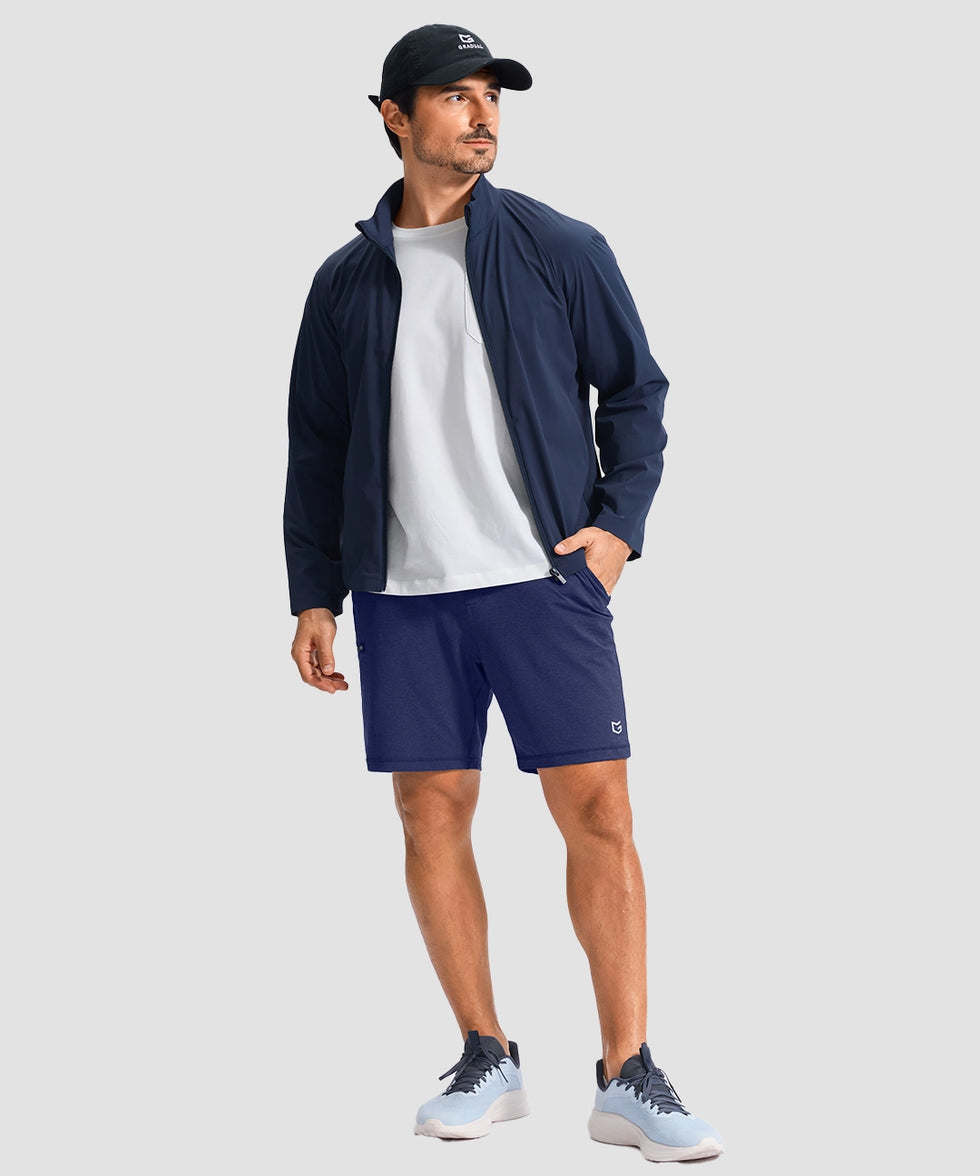 moisture wicking athletic sweat shorts in navy - on model view