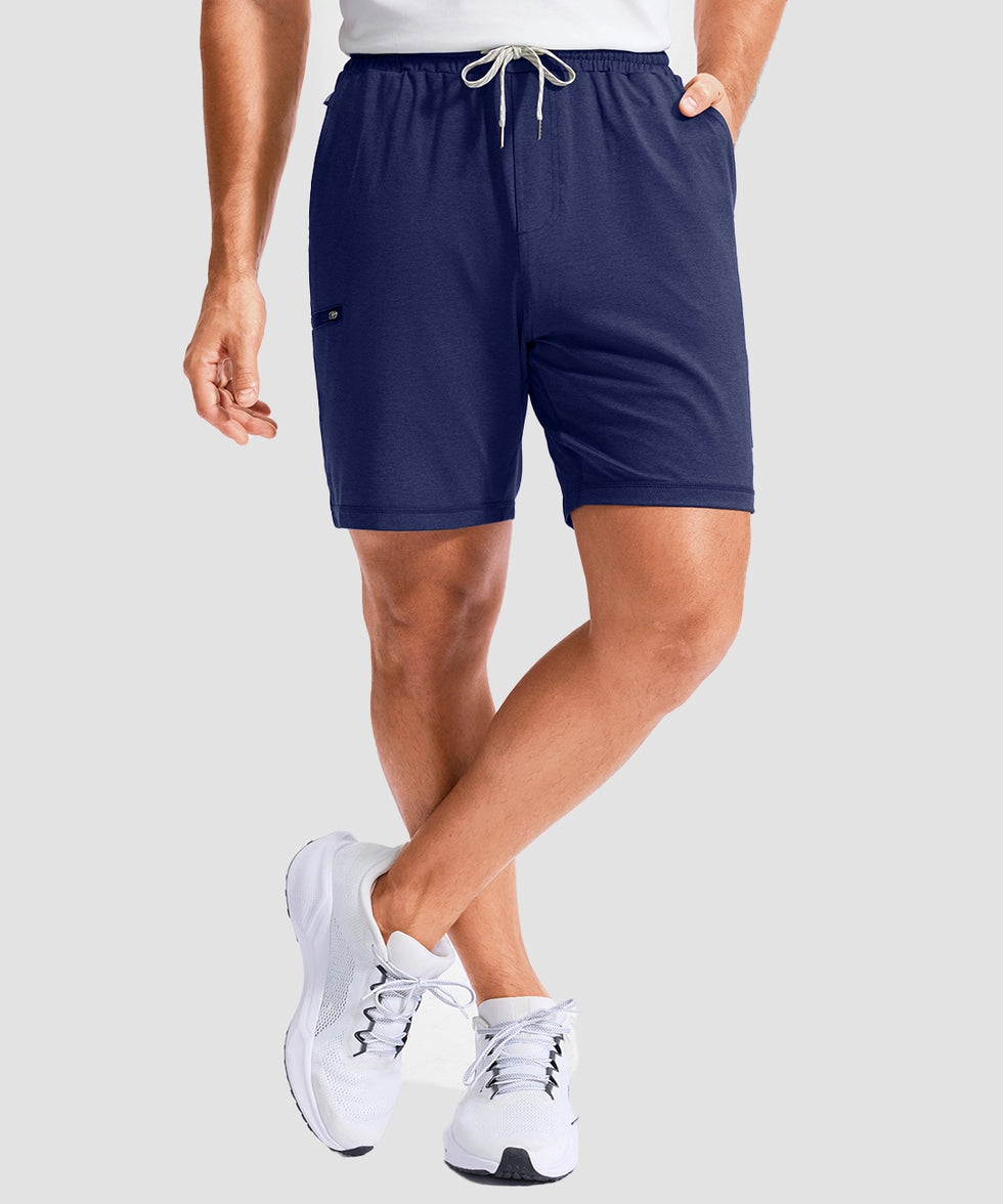 moisture wicking athletic sweat shorts in navy - on model front view