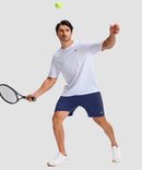moisture wicking athletic sweat shorts in navy - on model play tennis view