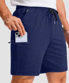 moisture wicking athletic sweat shorts in navy - pocket detail view