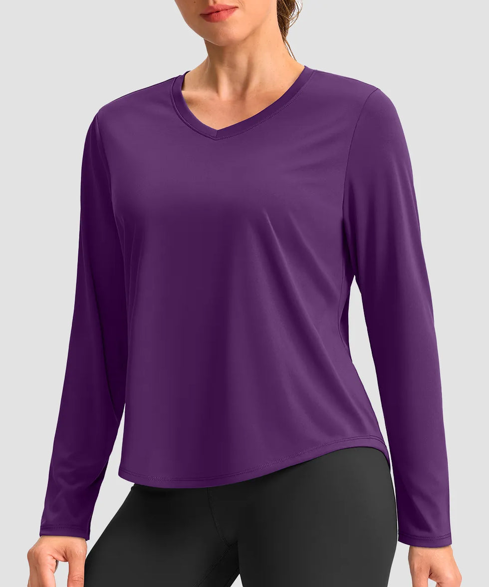 women's g-drykit™ v-neck athletic long sleeve in deep purple - front view