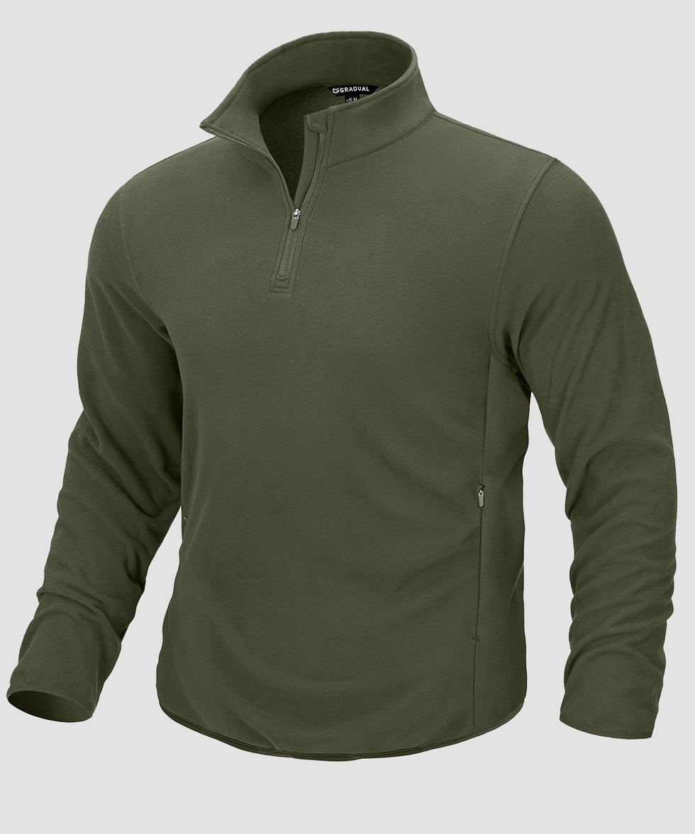 quarter zip fleece pullover in army green - front view