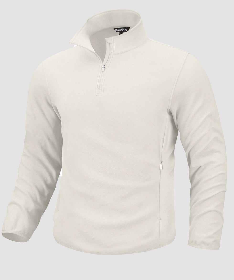 quarter zip fleece pullover in beige - front view