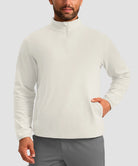 quarter zip fleece pullover in beige - on model front view