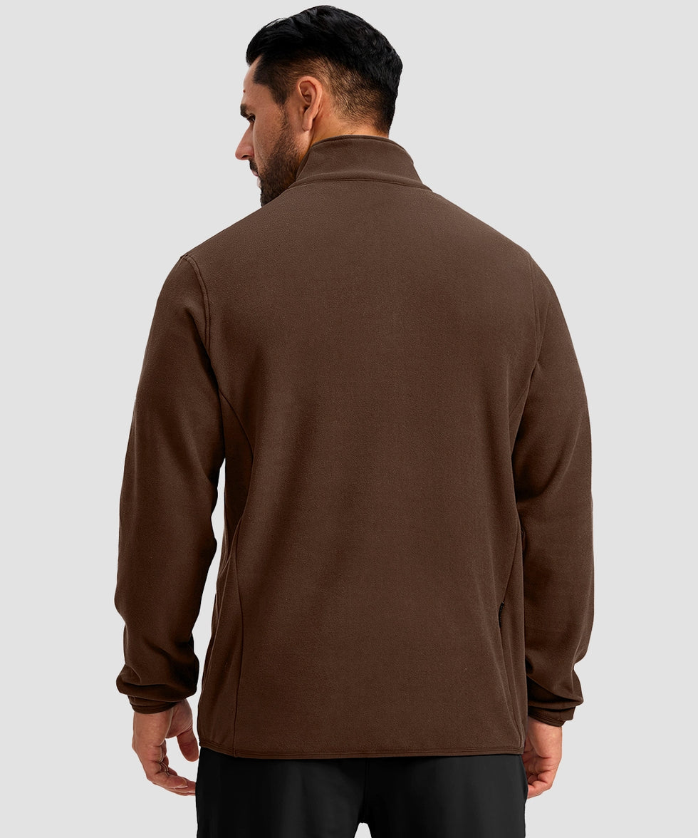 quarter zip fleece pullover in brown - on model back view