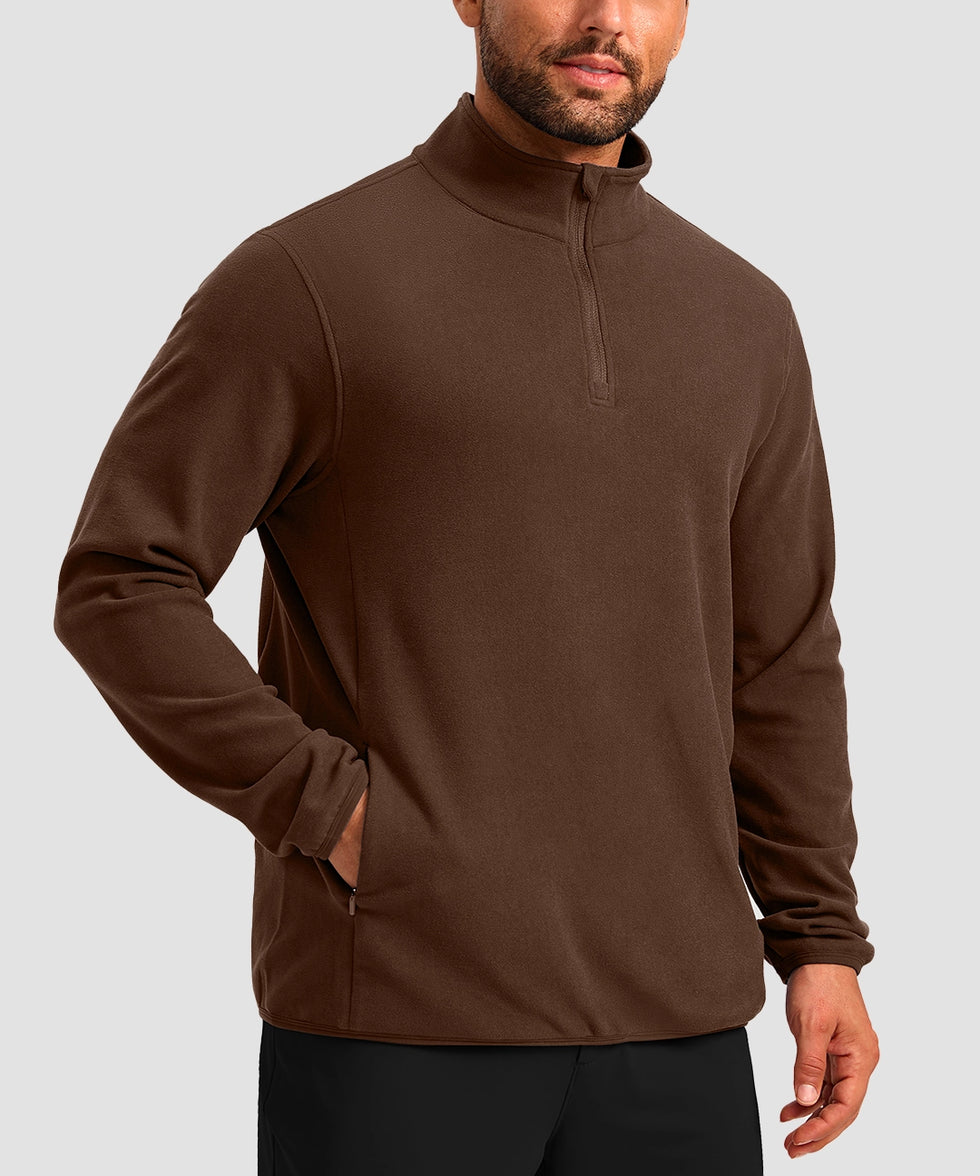 quarter zip fleece pullover in brown - on model front view