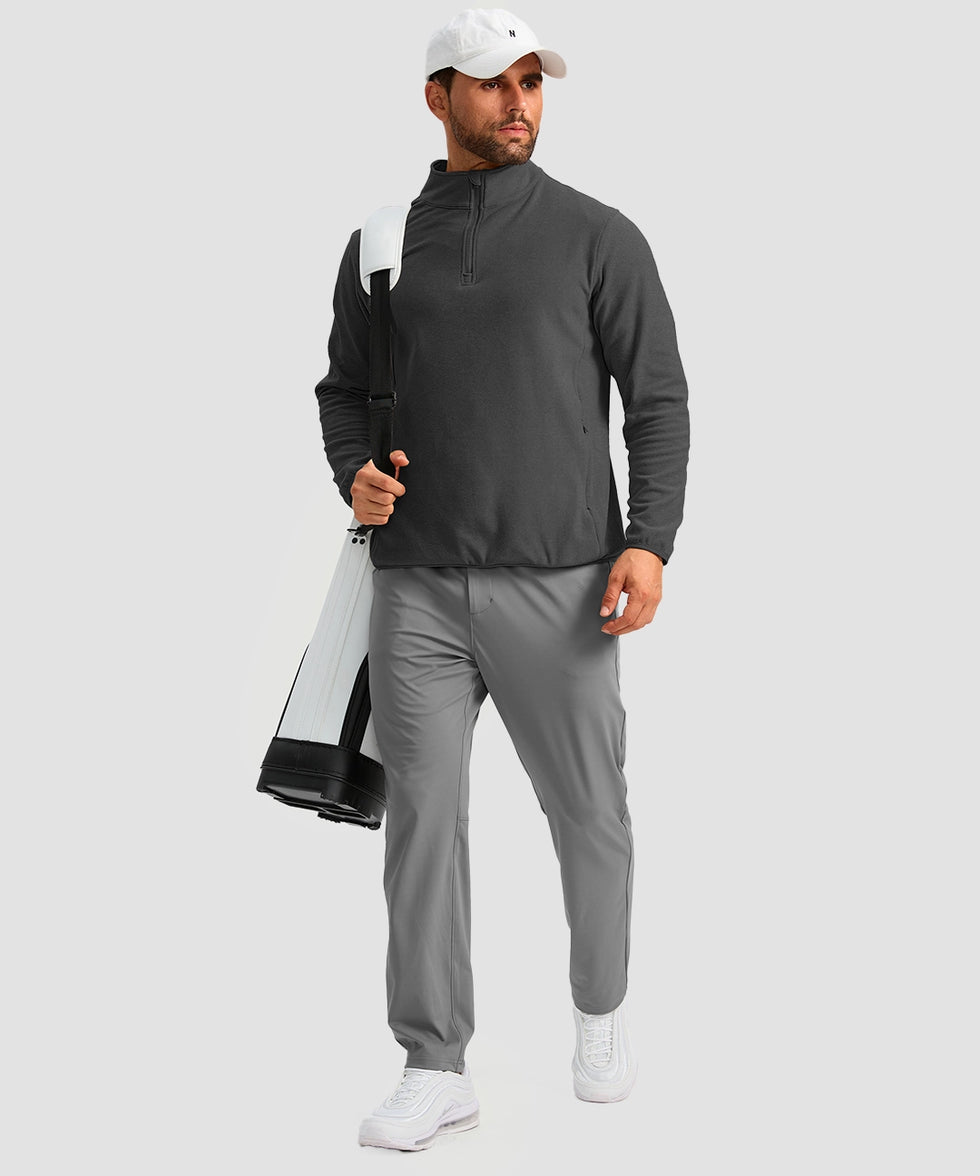 quarter zip fleece pullover in dark gray - on model view