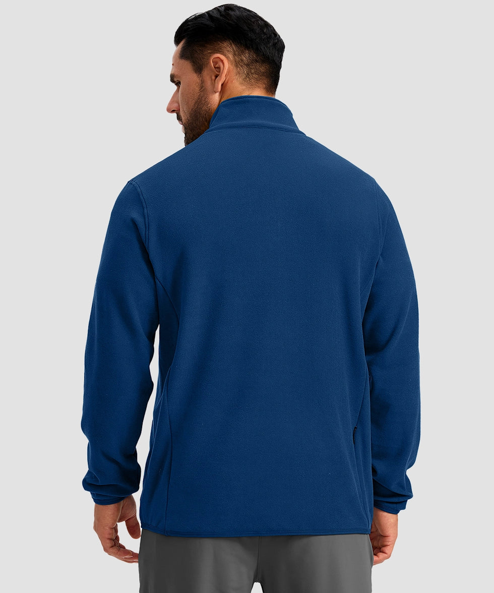 quarter zip fleece pullover in deep blue - on model back view