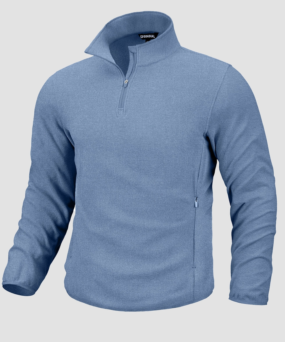 quarter zip fleece pullover in heather blue - front view