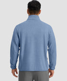 quarter zip fleece pullover in heather blue - on model back view