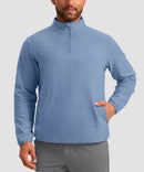 quarter zip fleece pullover in heather blue - on model front view