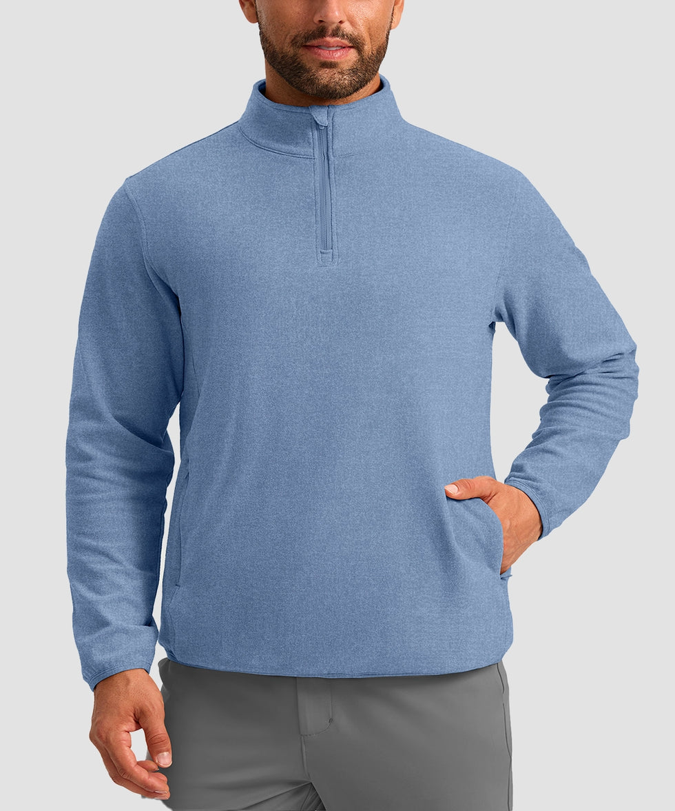 quarter zip fleece pullover in heather blue - on model front view