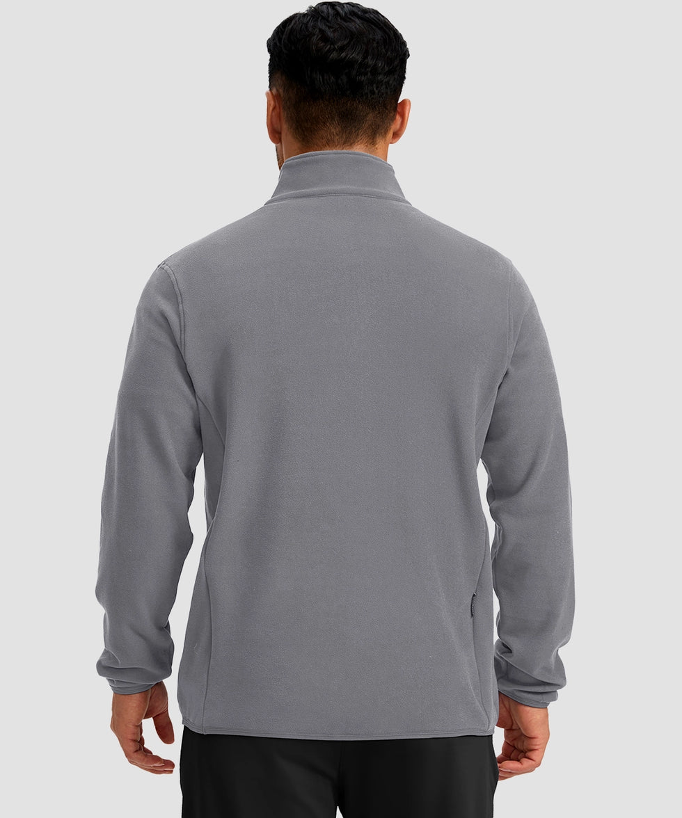 quarter zip fleece pullover in light gray - on model back view