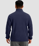 quarter zip fleece pullover in navy - on model back view