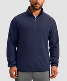quarter zip fleece pullover in navy - on model front view