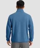 quarter zip fleece pullover in steel blue - on model back view