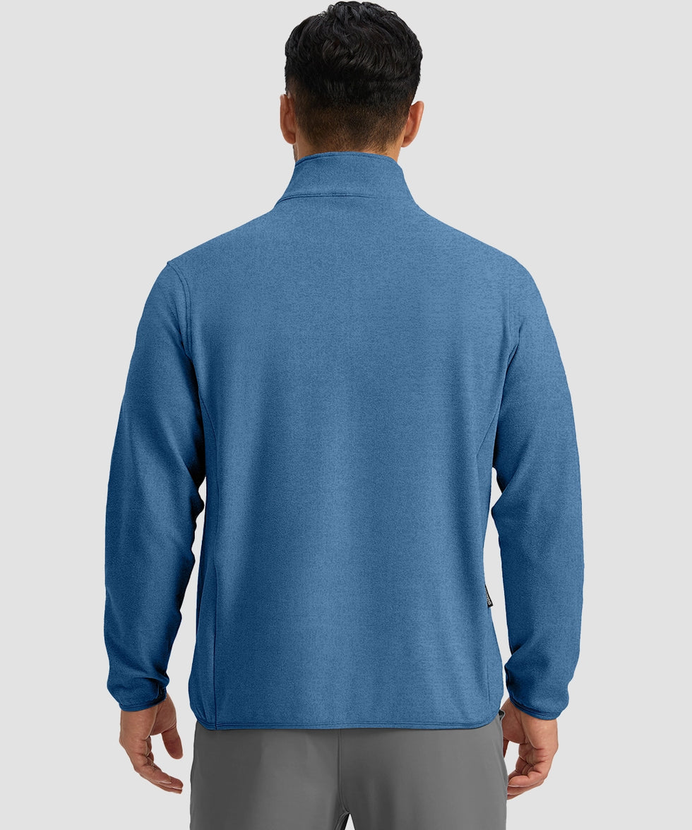 quarter zip fleece pullover in steel blue - on model back view