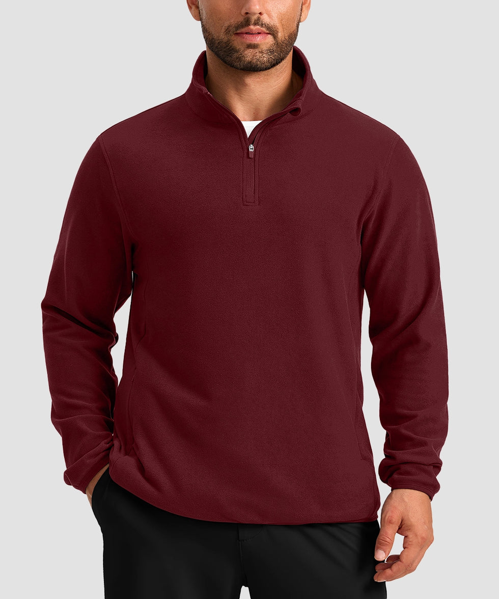 quarter zip fleece pullover in wine - on model front view