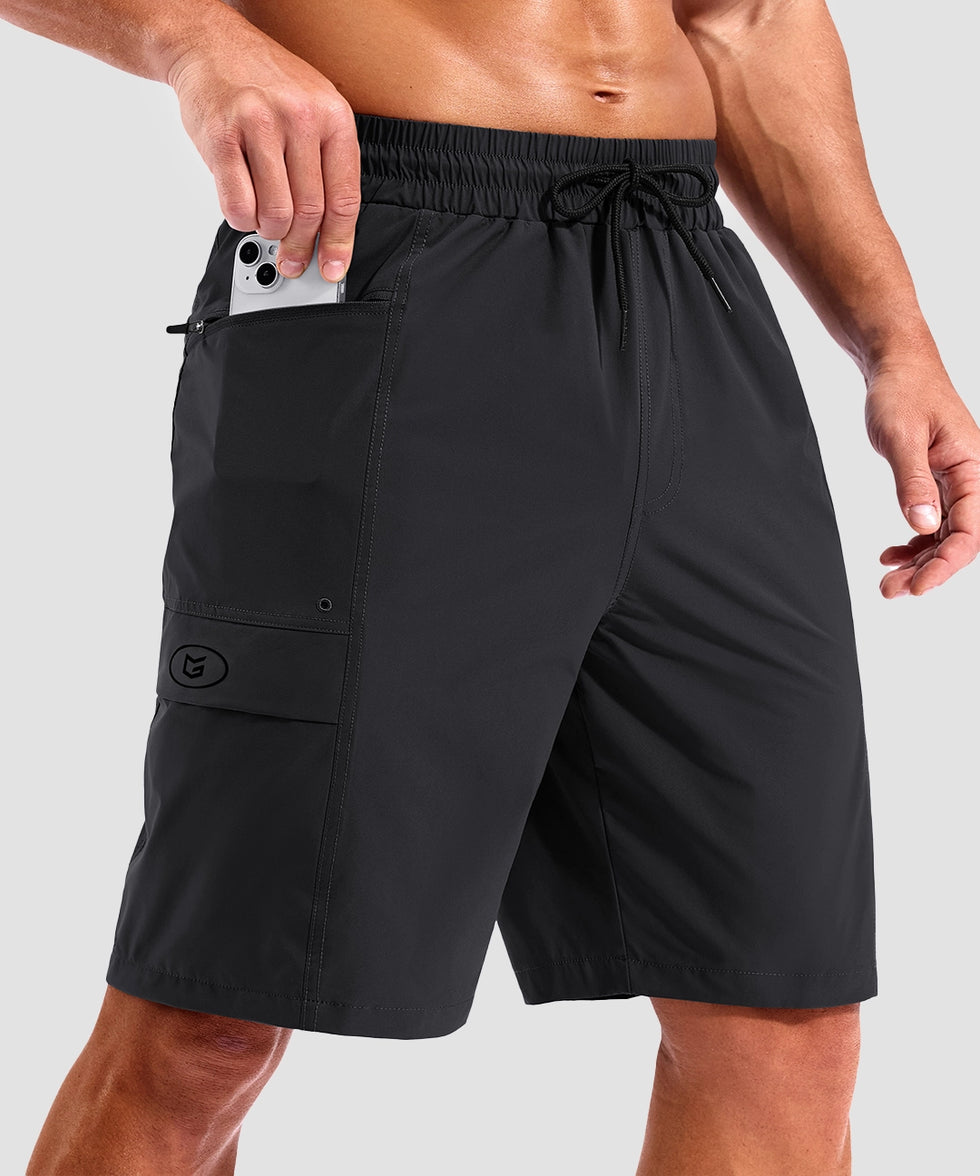 quick dry 9" pocketed board shorts in black - pocket detail view