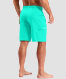 quick dry 9" pocketed board shorts in cyan - on model back view