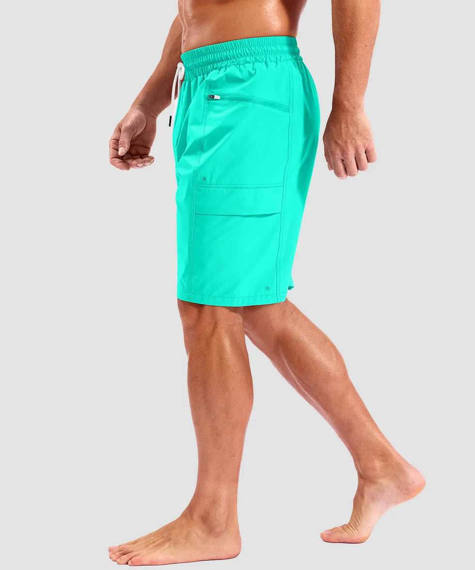 quick dry 9" pocketed board shorts in cyan - on model side view