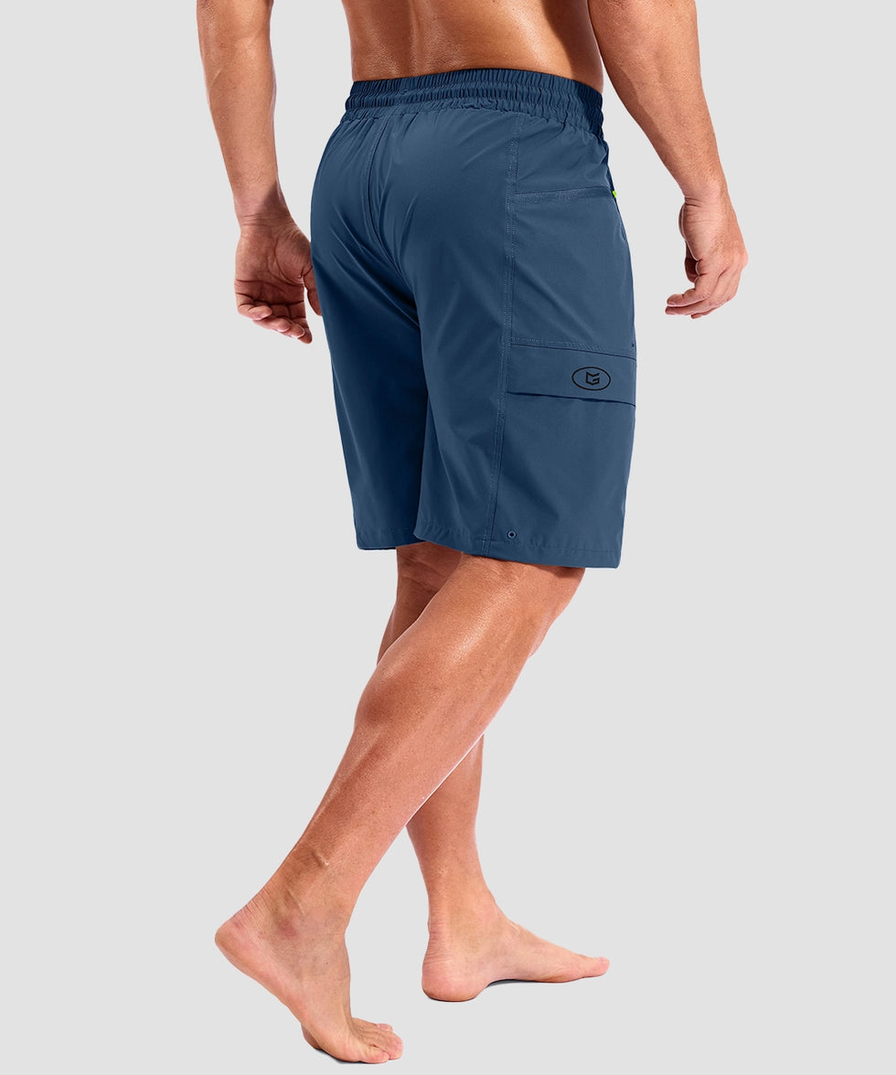 quick dry 9" pocketed board shorts in dark blue - on model back view